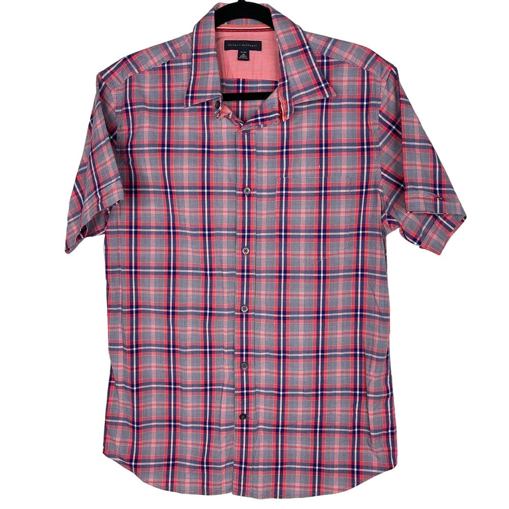 Banana Republic Mens M 15-15.5 Pink Blue Plaid Short Sleeve Button Down Shirt